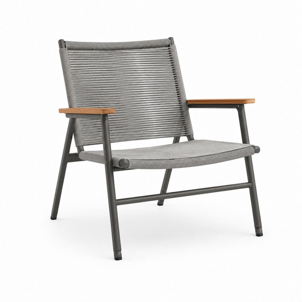 Gartenstuhl Grau mit Stahlgestell Polypropylen-Seilbespannung und Eukalyptus-Armlehnen 67 x 75 x 90 cm