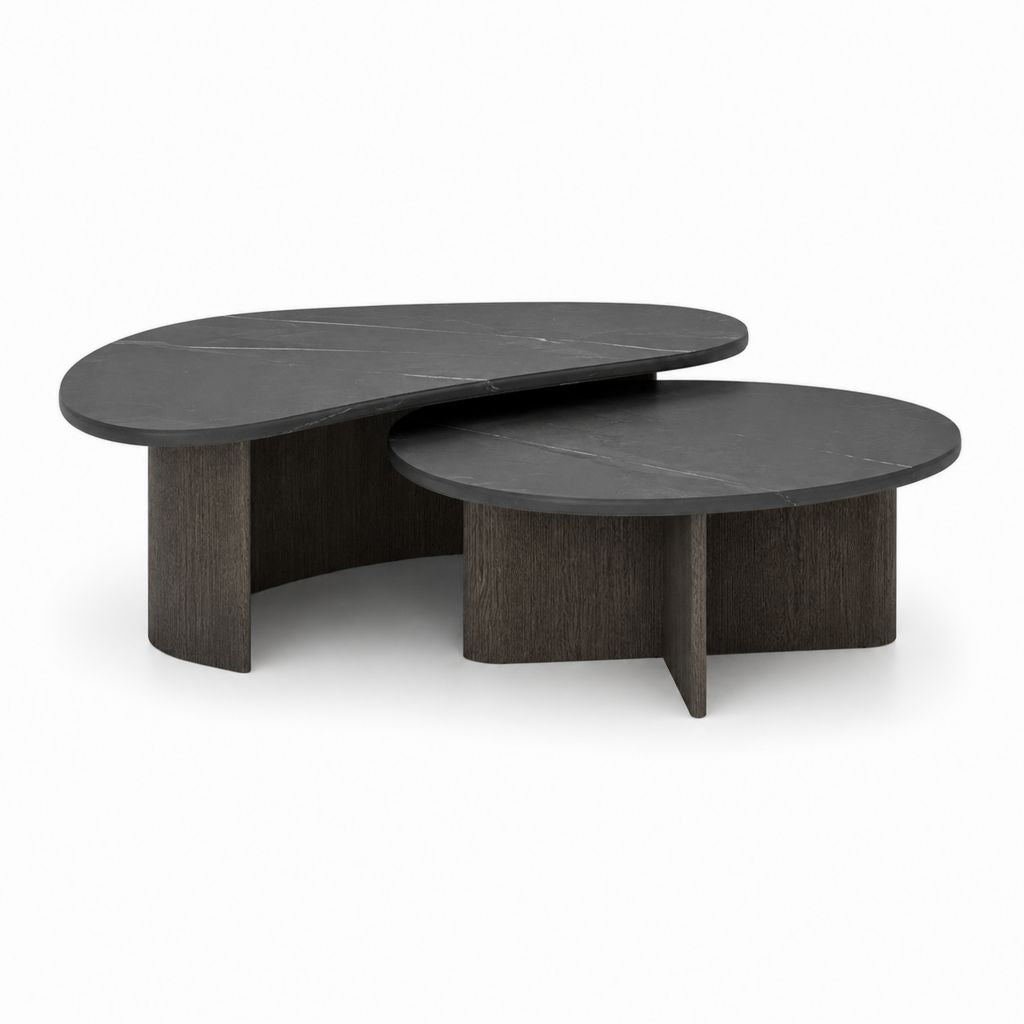 Couchtisch Set 2-teilig Schwarzbraun MDF in Marmoroptik oval 120 x 60 x 42 cm und 90 x 55 x 32 cm