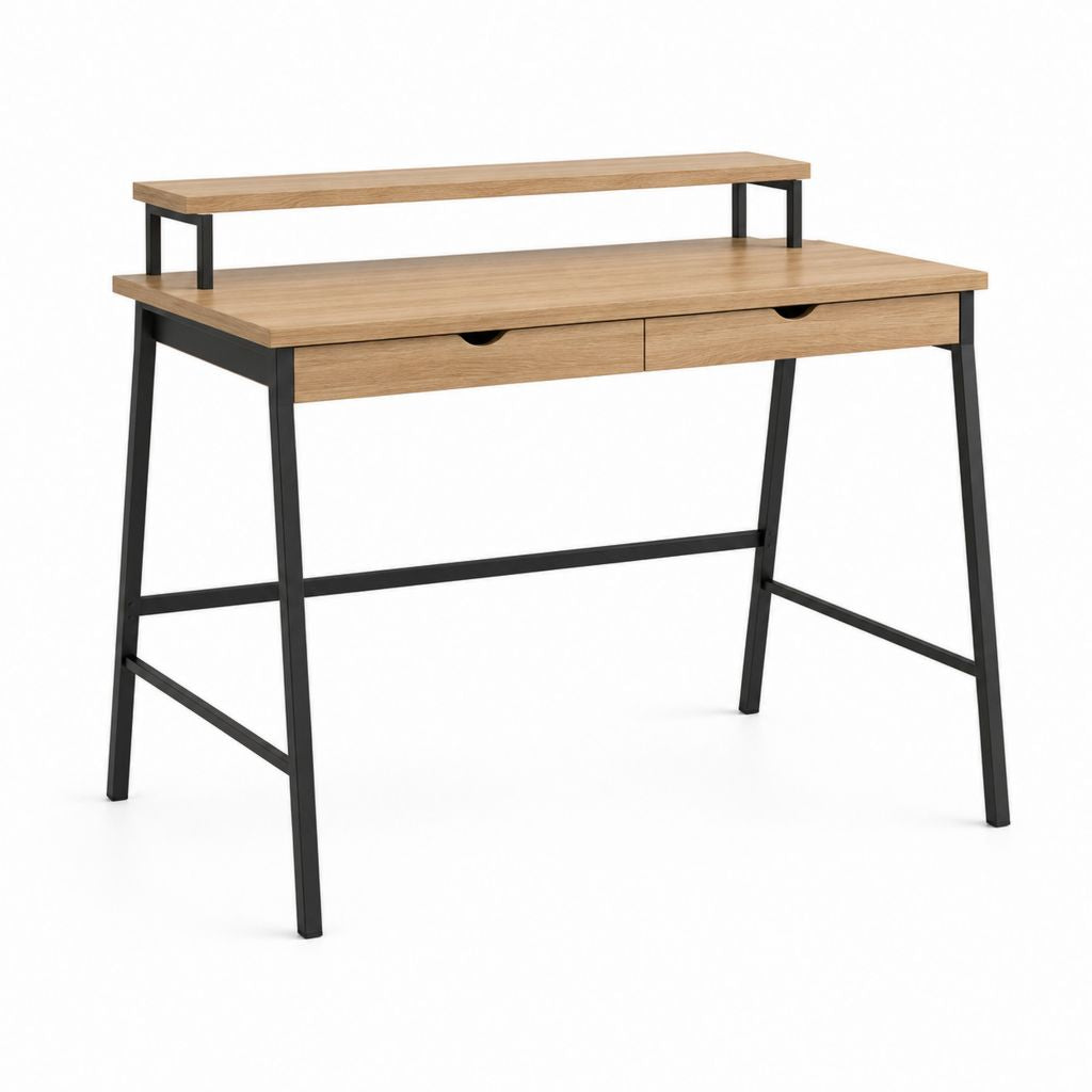 Schreibtisch mit Aufsatz und 2 Schubladen Eichefarben Schwarz Spanplatte Stahl rechteckig 120 x 60 x 90 cm
