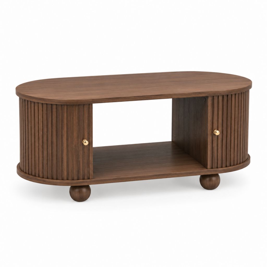 Couchtisch Walnussbraun MDF mit Walnussfurnier oval 120 x 60 x 45 cm mit Schiebetüren und Ablagefach