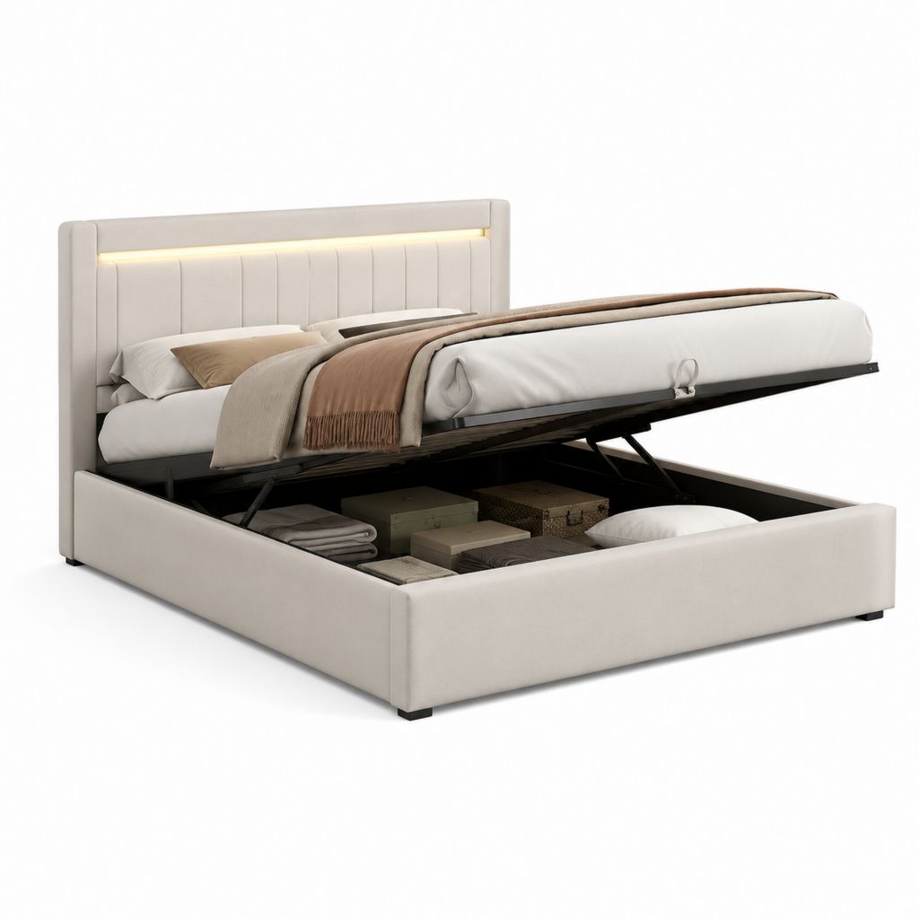 Stauraumbett Doppelbett Beige Polyester mit LED-Kopfteil und Gasdruckfeder 180 x 200 cm