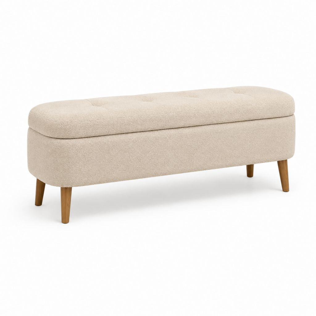 Sitzbank mit Stauraum Beige Polyester-Bouclé rechteckig 120 x 40 x 45 cm Gummibaum-Massivholz