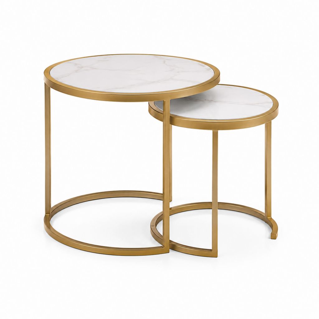 Couchtisch Set 2-teilig Weiß Gold Sinterstein rund Ø 80 cm und Ø 60 cm