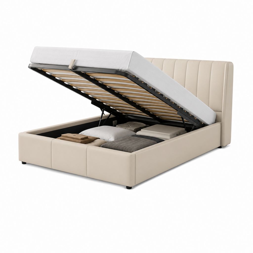 Stauraumbett 160 x 200 cm Creme PU-Kunstleder mit Lattenrost und Gasdruckfeder