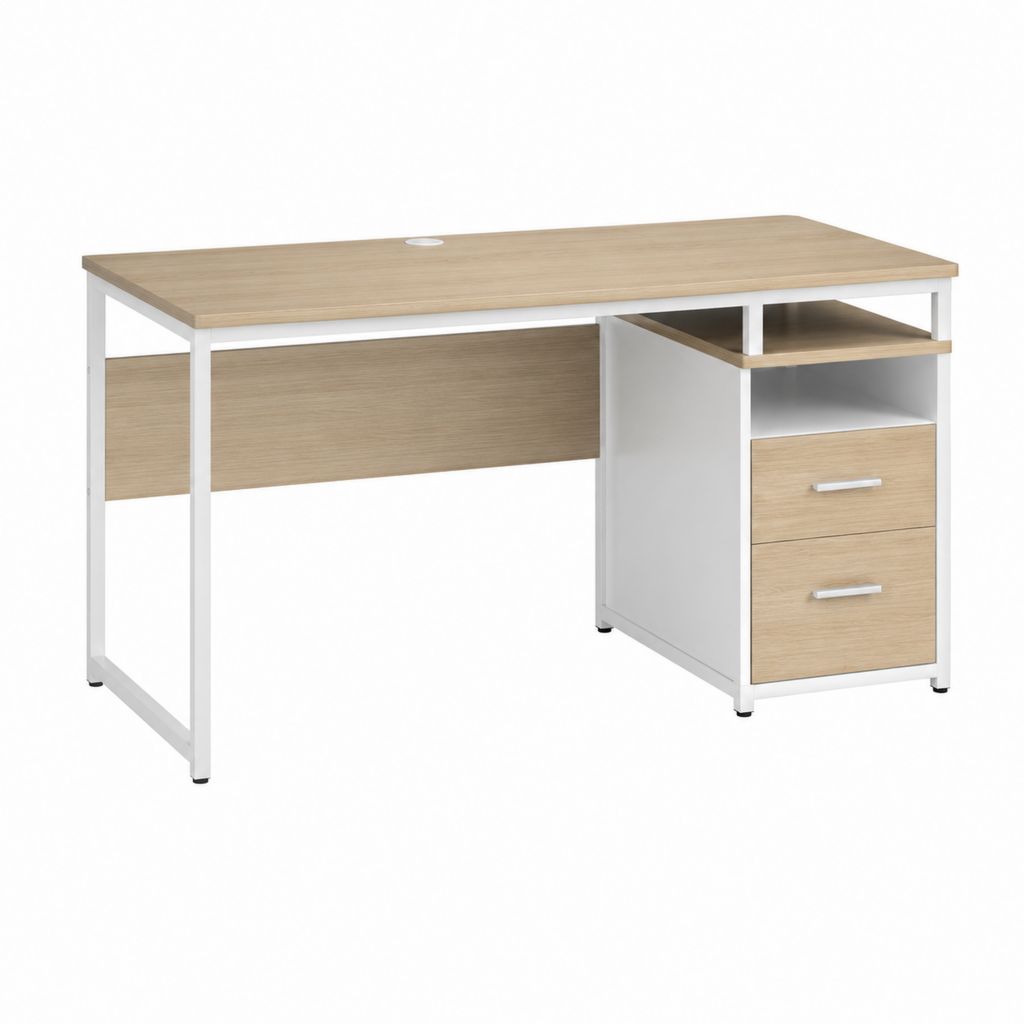 Schreibtisch mit 2 Schubladen Eiche-Optik Weiß MDF Stahl 120 x 60 x 75 cm