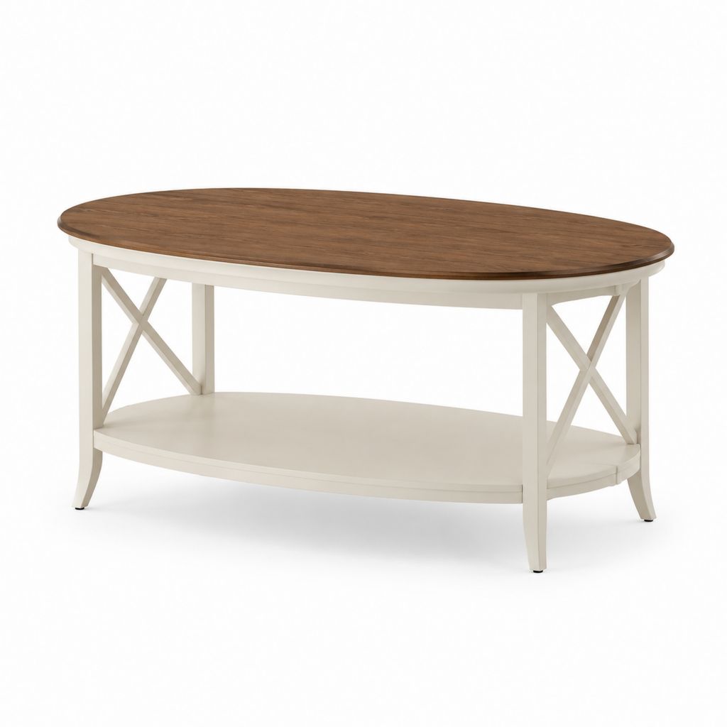 Couchtisch mit Ablage Walnussfarben Creme MDF Massivholz oval 120 x 60 x 45 cm