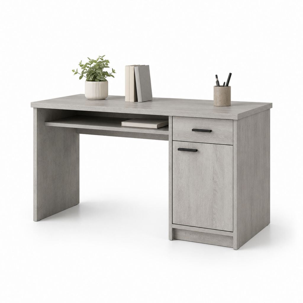 Schreibtisch Grau Spanplatte rechteckig mit Schublade Schrankfach und Ablage 120 x 60 x 75 cm