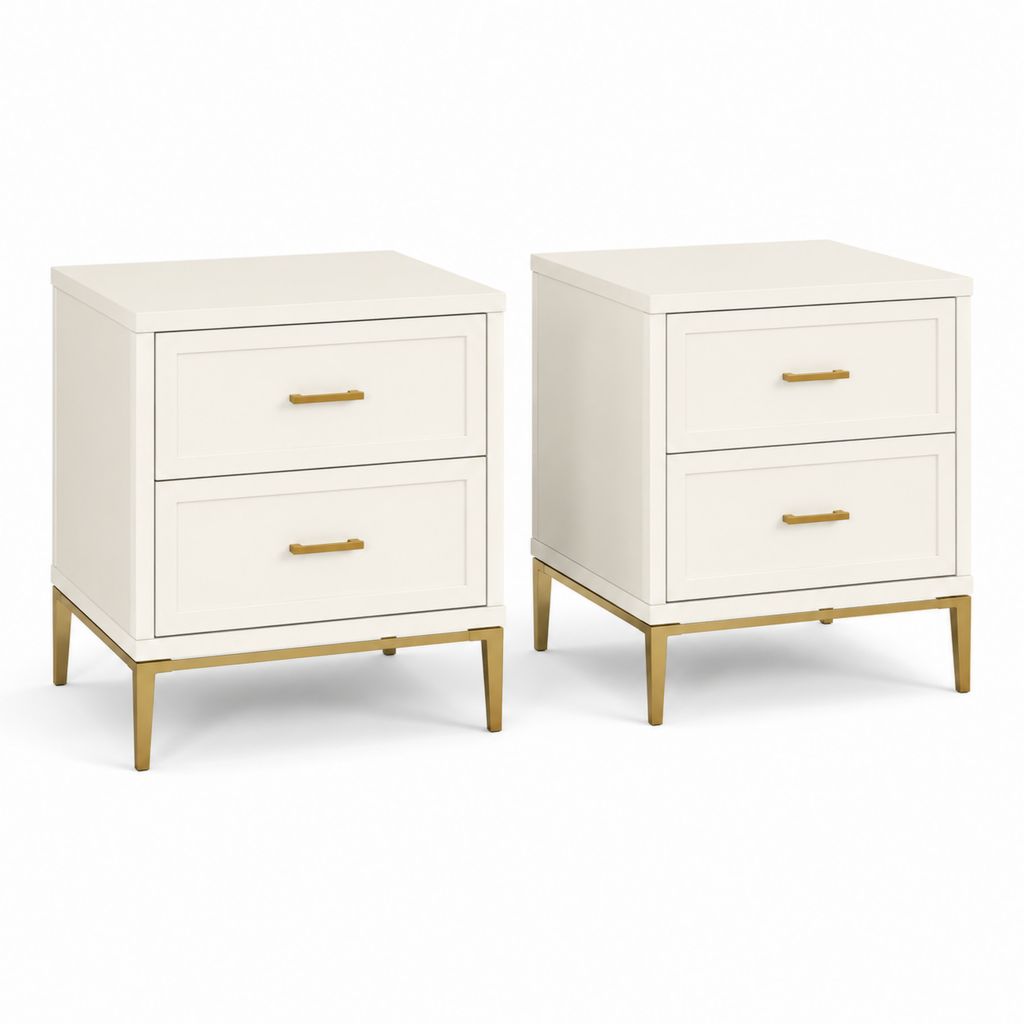 Nachttisch 2er Set Weiß MDF rechteckig mit 2 Schubladen und goldfarbenen Stahlfüßen 50 x 40 x 60 cm
