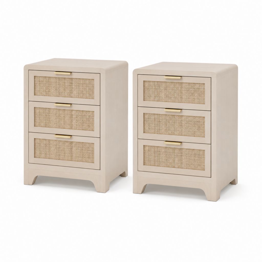 2er Set Nachttische Beige MDF mit Rattangeflecht 45 x 35 x 65 cm